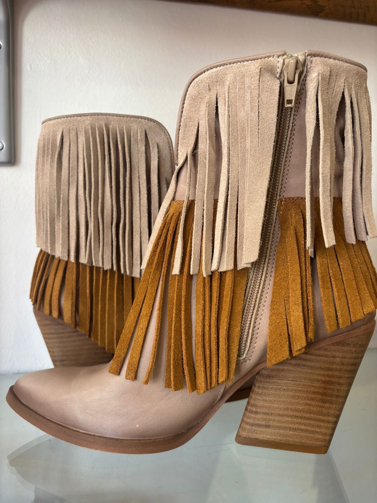 Felmini | Leather and Suede Fringed Heeled Cowboy Boot | Moonlight/Sand