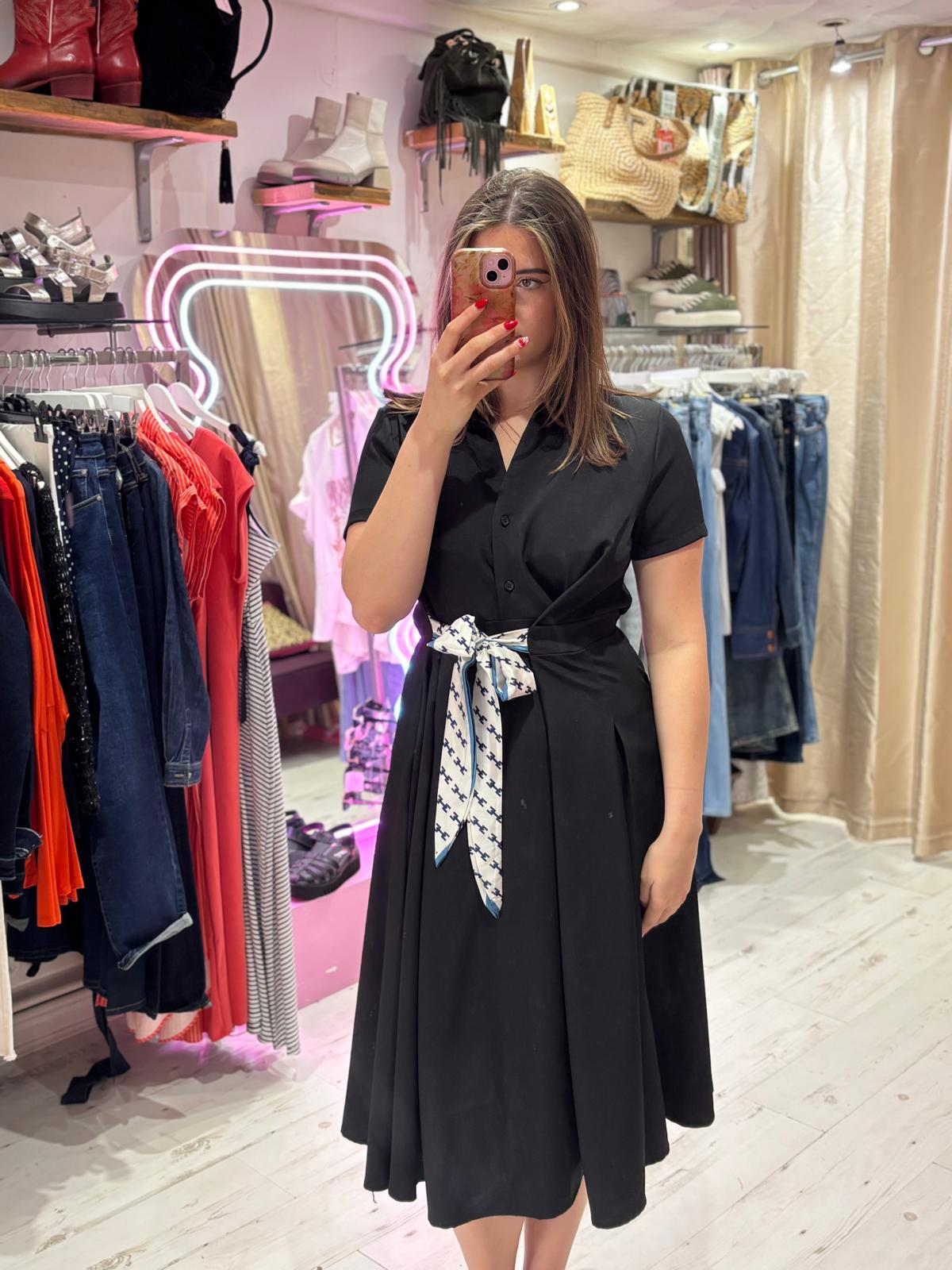 Retro Inspired Shirt Dress with Tie | Black