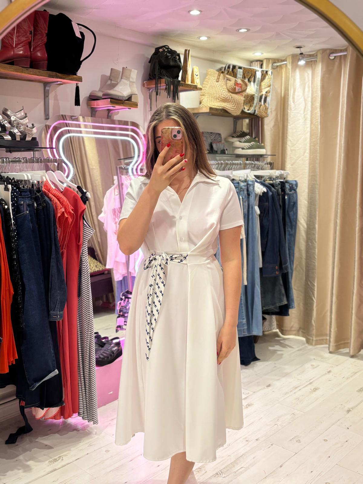 Retro Inspired Shirt Dress with Tie | White