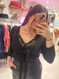 Metallic Knit Tie Front Cardigan | Black