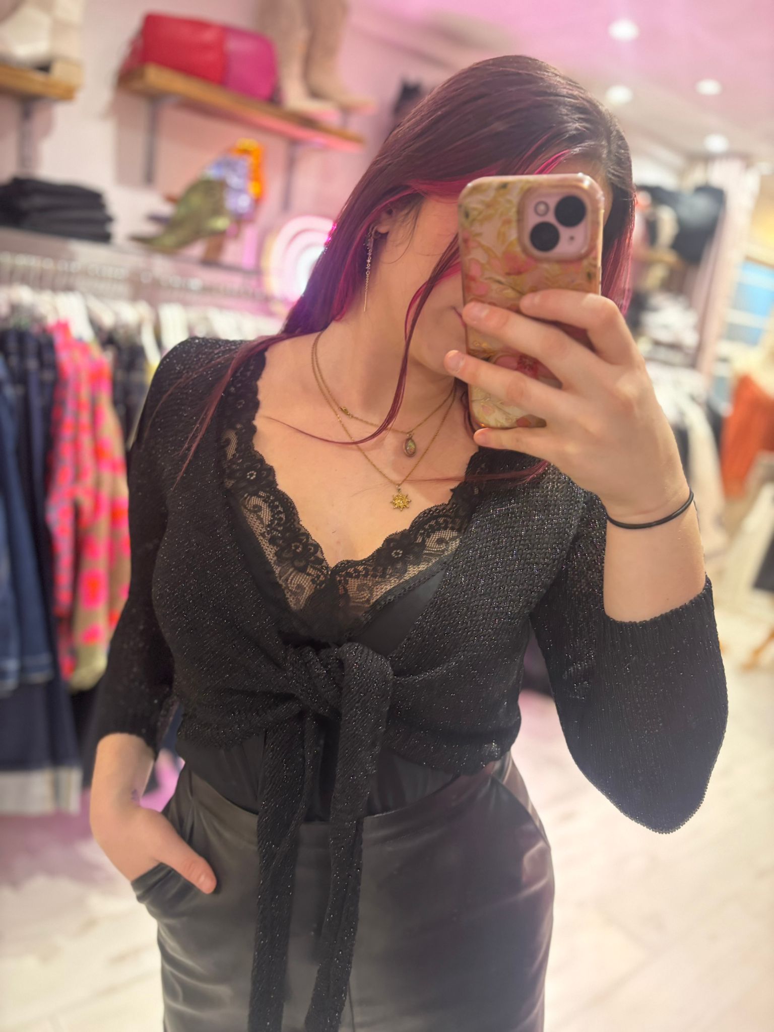 Metallic Knit Tie Front Cardigan | Black