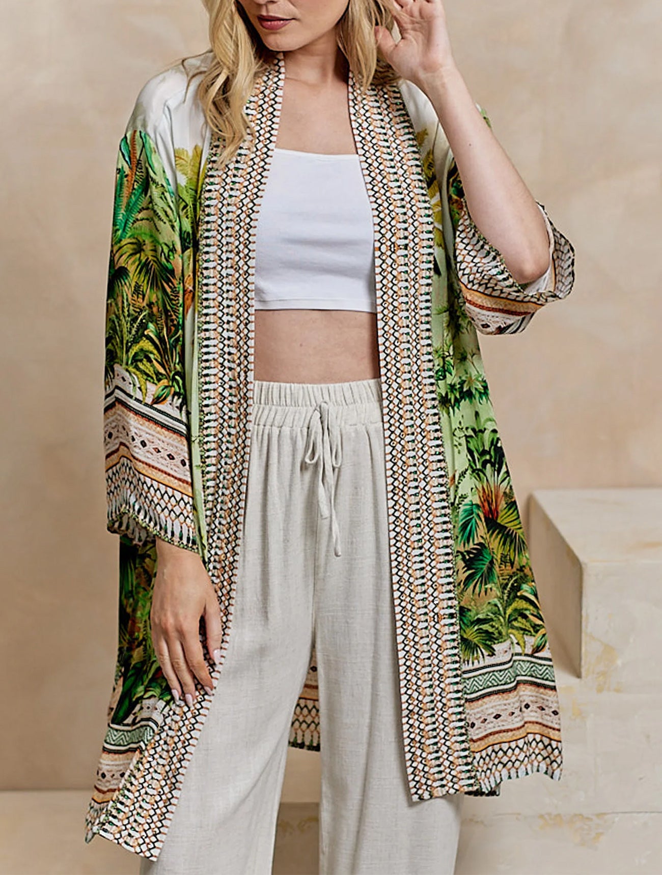 Premium Tropical Print Luxurious Viscose Crepe Midi Kimono | Green Multi