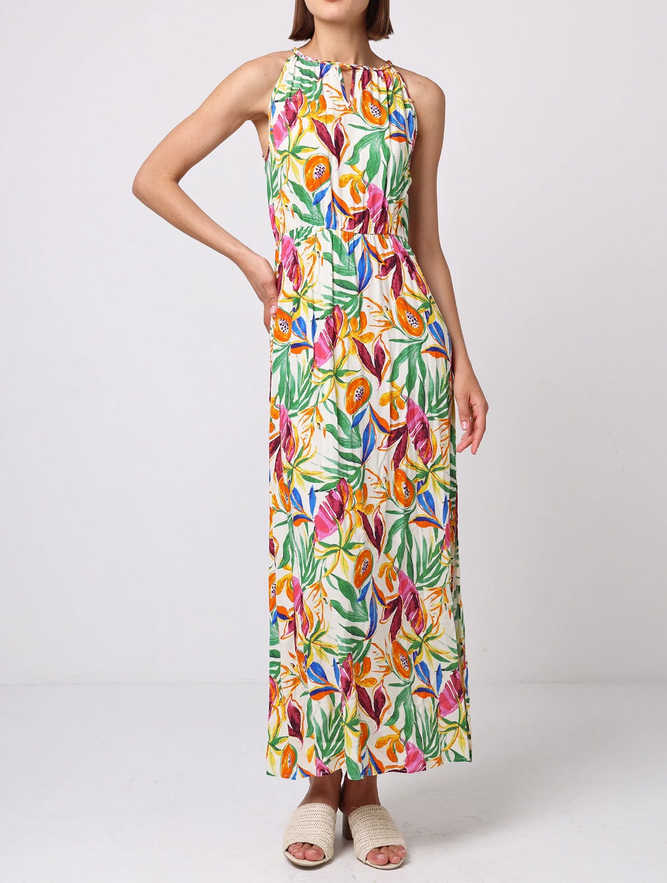 Papaya Print Halterneck Keyhole Maxi Dress | Multi