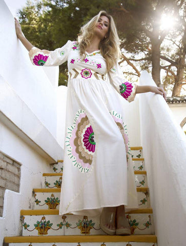 Amia Long Embroidered Dress | White