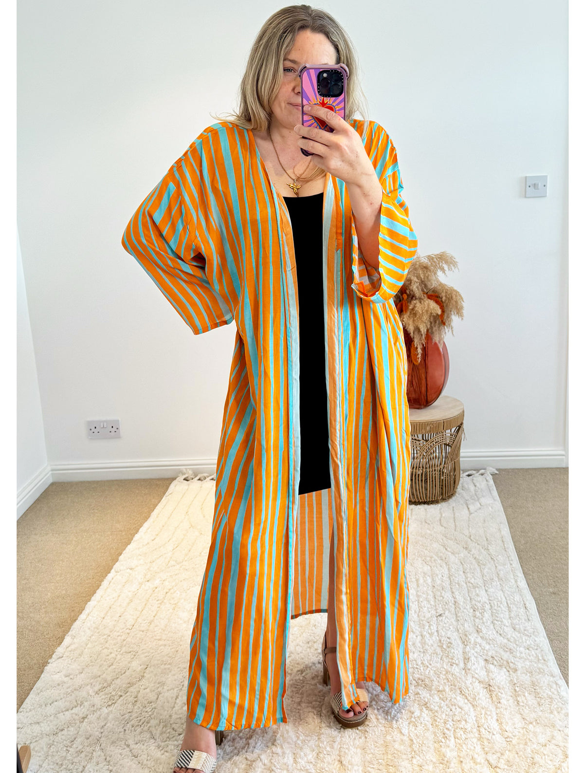 Kira Maxi Kimono | Stripe Print | Aqua/Orange