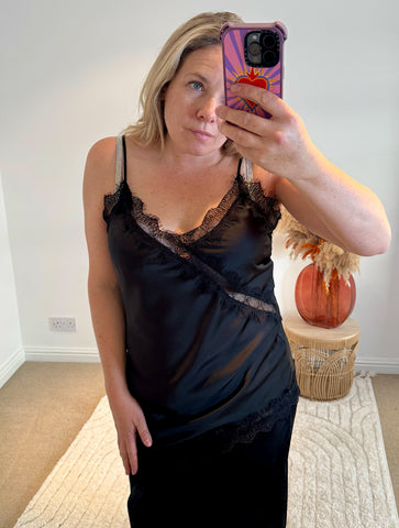 Asymmetric Lace Detail Satin Camisole | Black