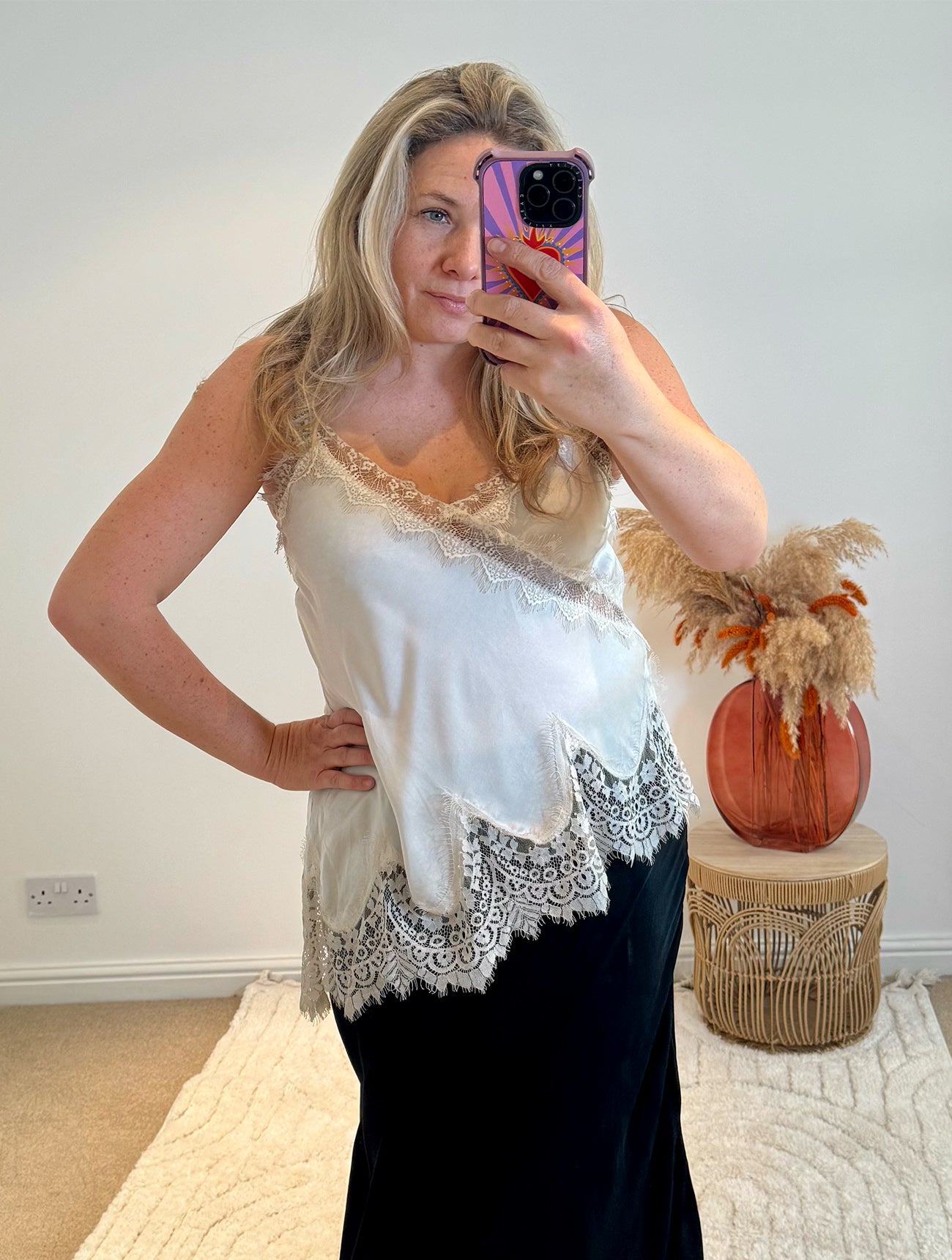 Distressed Asymmetric Lace Detail Satin Camisole | Ivory