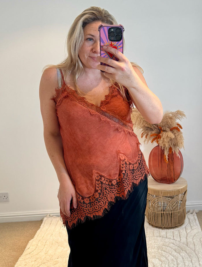 Distressed Asymmetric Lace Detail Satin Camisole | Burnt Orange