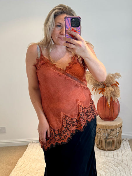 Distressed Asymmetric Lace Detail Satin Camisole | Burnt Orange