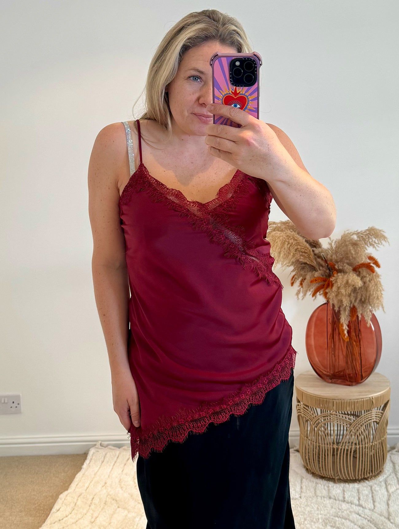 Asymmetric Lace Detail Satin Camisole | Wine Red