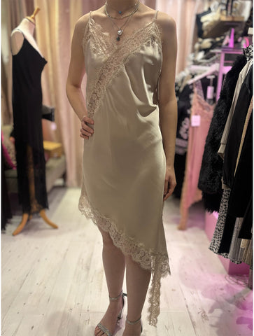 Lace Detail Satin Asymmetric Dress | Champagne