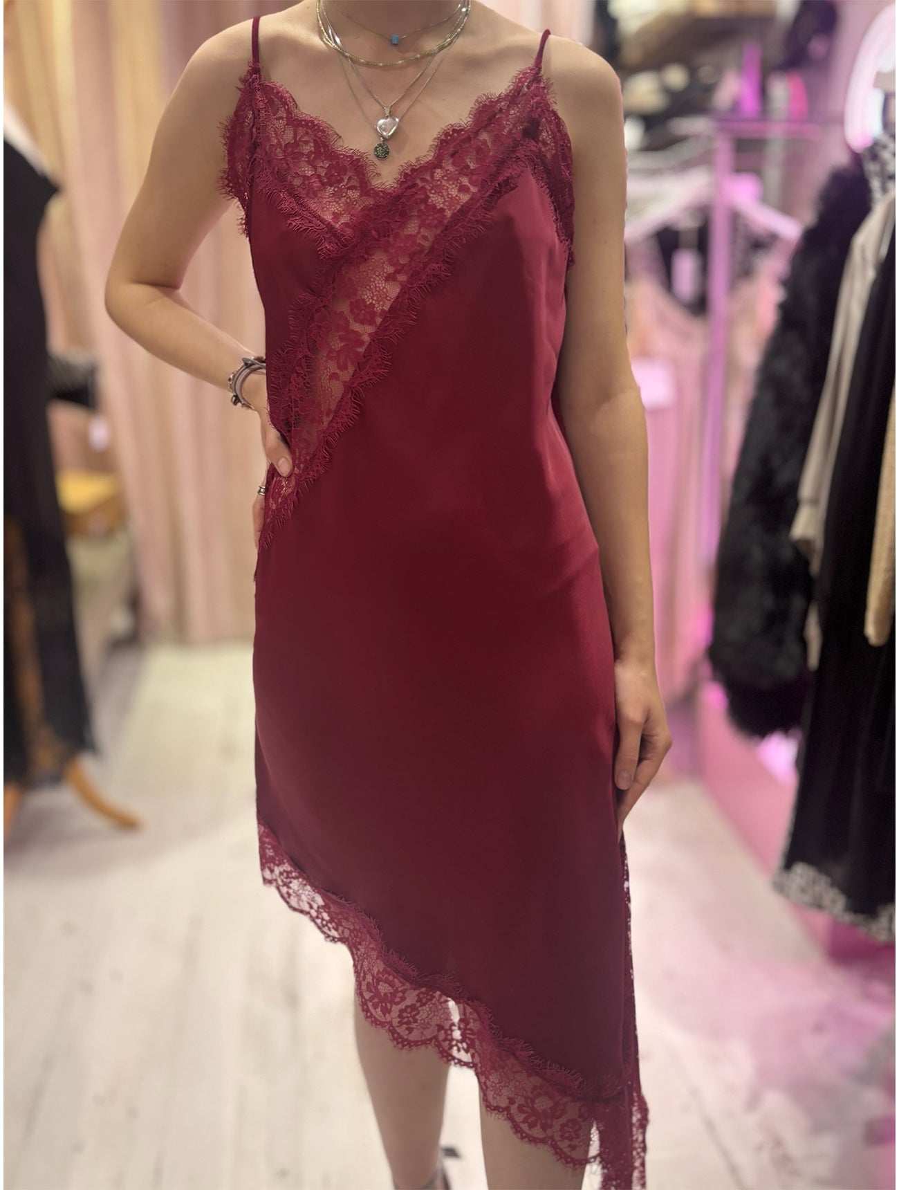 Lace Detail Satin Asymmetric Dress | Deep Wine
