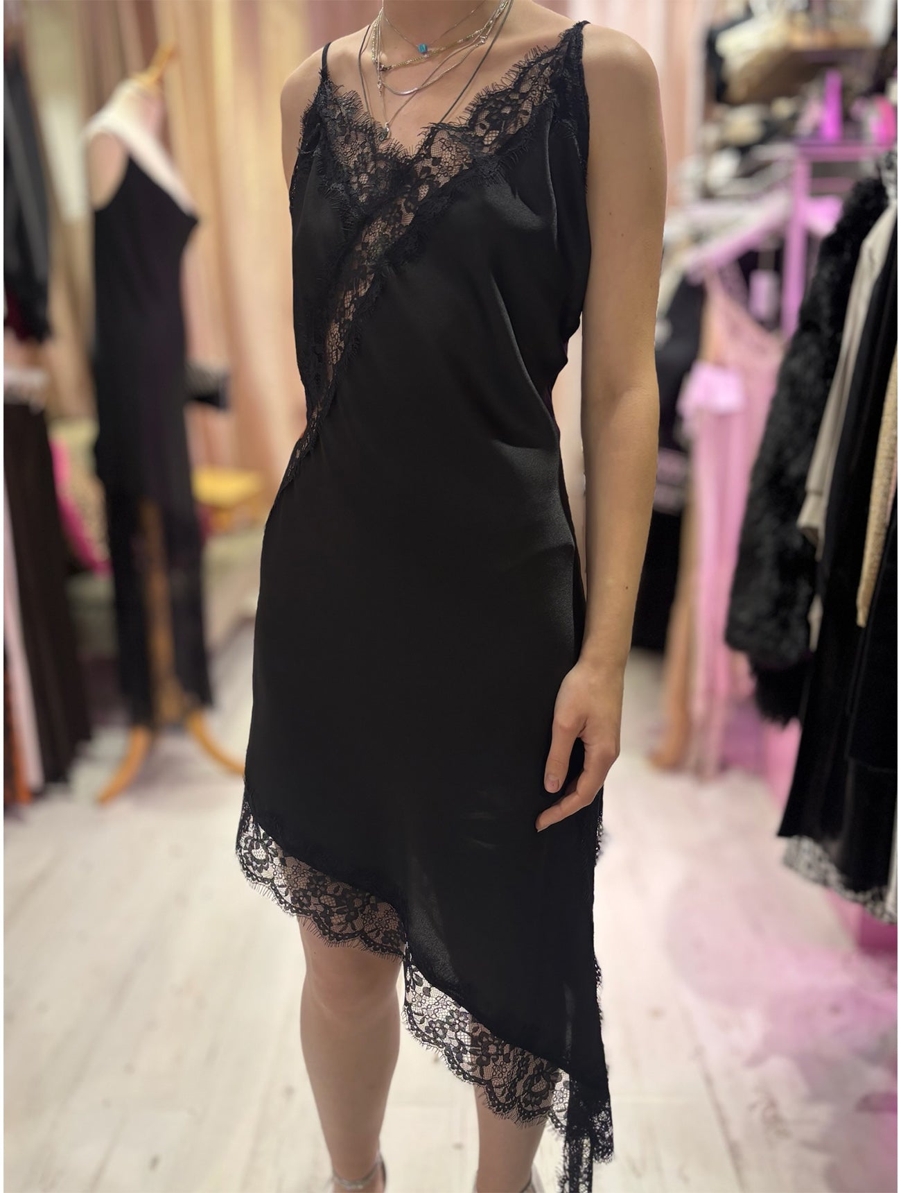 Lace Detail Satin Asymmetric Dress | Black