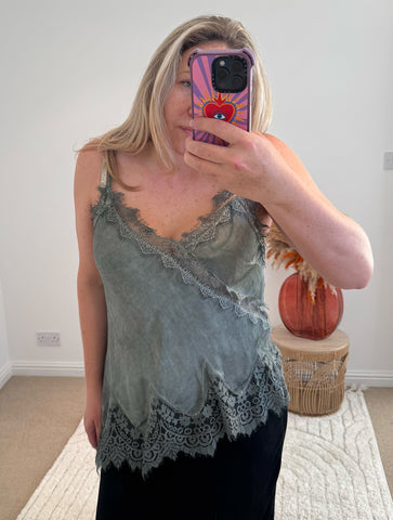 Distressed Asymmetric Lace Detail Satin Camisole | Grey/Khaki