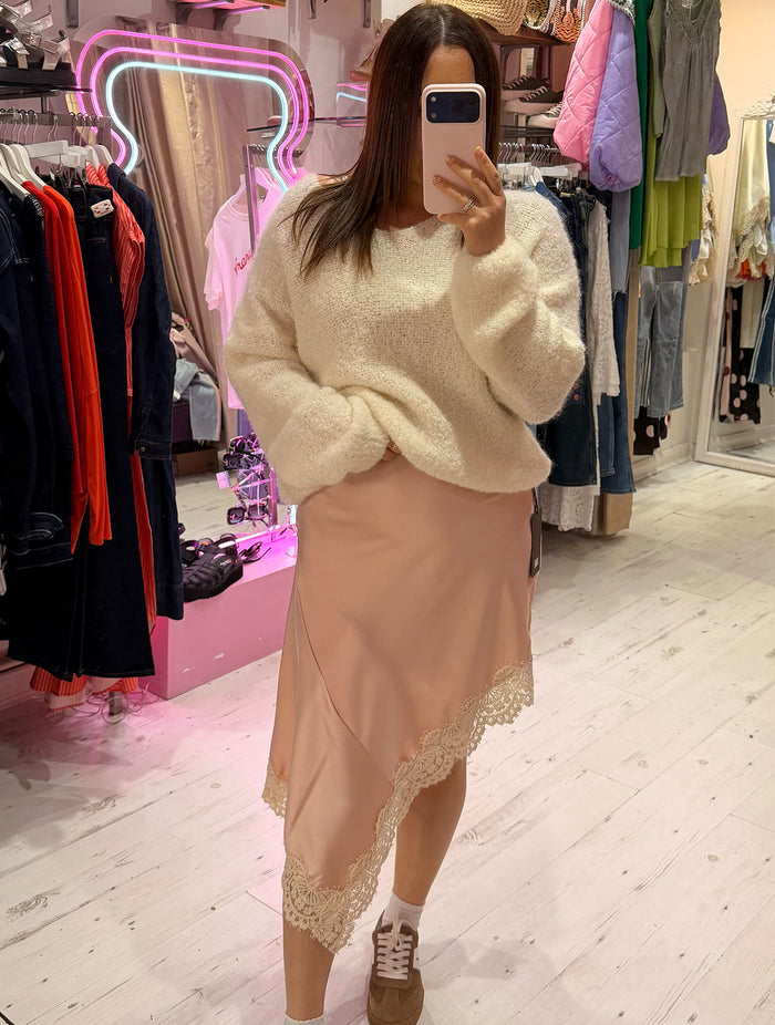 Asymmetric Lace Detail Satin Skirt | Shell Pink