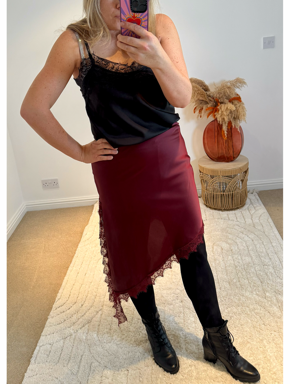 Asymmetric Lace Detail Satin Skirt | Wine