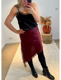Asymmetric Lace Detail Satin Skirt | Wine