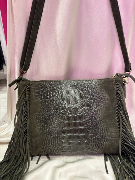 Leather Croc Detail Suede Tassel Crossbody Bag | Khaki Green