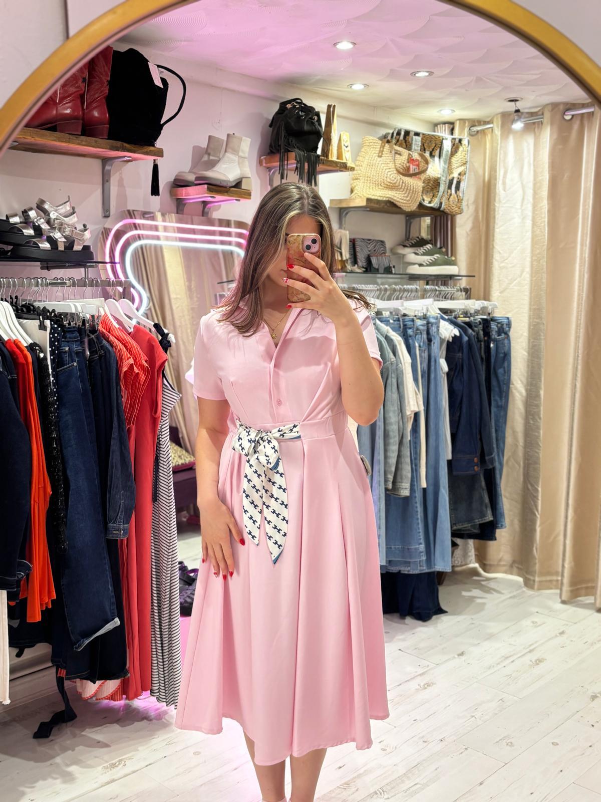 Retro Inspired Shirt Dress with Tie | Light Pink