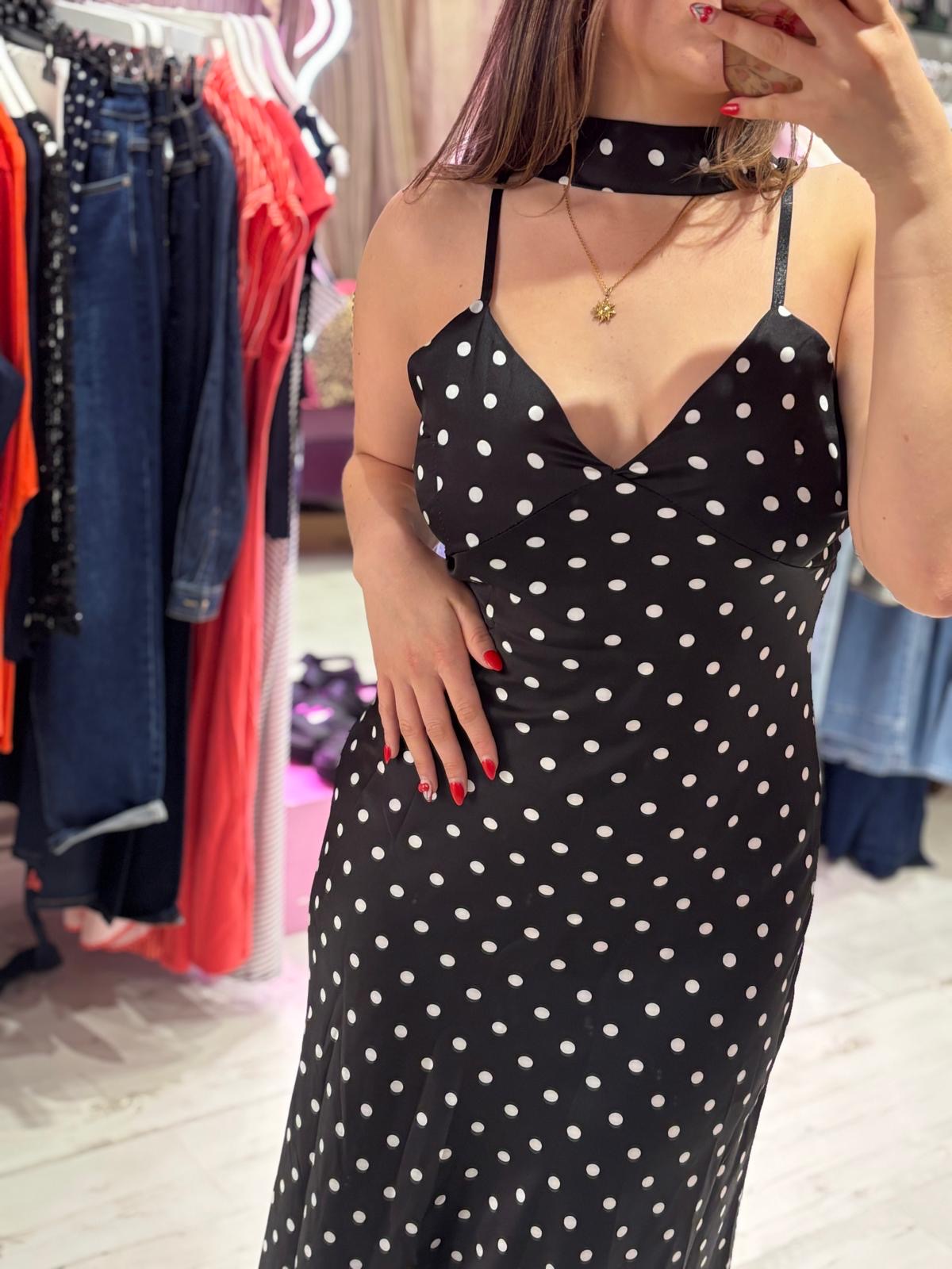 Polka Dot Silky Midi Dress | Black and White