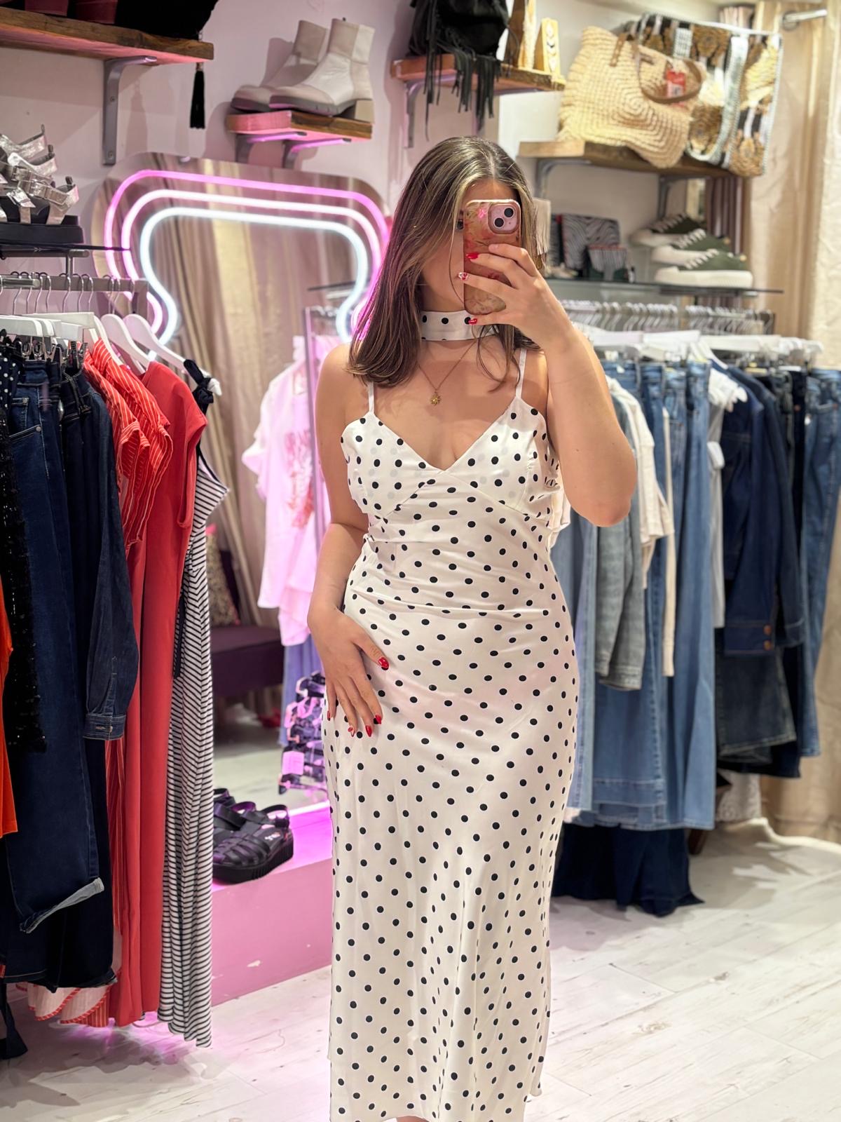 Polka Dot Silky Midi Dress | Light Beige