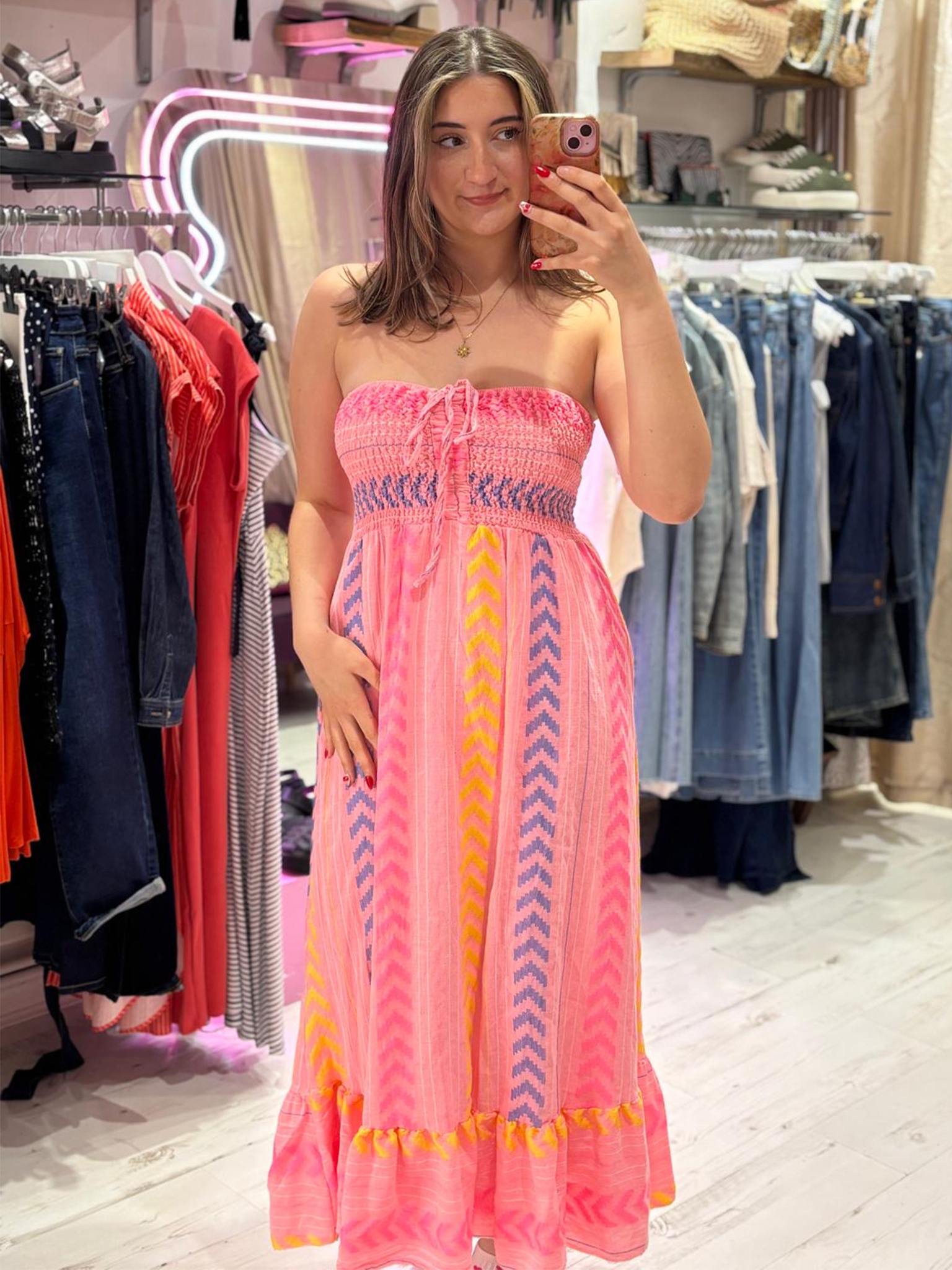 Geometric Print Boho Bandeau Dress | Coral Multi