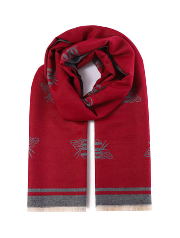 Luxurious Double Sided Jacquard Bee Print Scarf | Burgundy/Grey