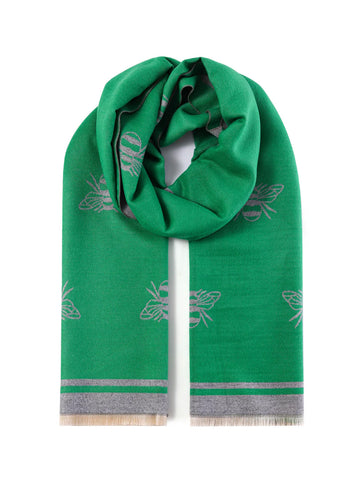 Luxurious Double Sided Jacquard Bee Print Scarf | Green/Grey