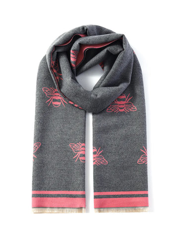 Luxurious Double Sided Jacquard Bee Print Scarf | Pale Pink/Grey