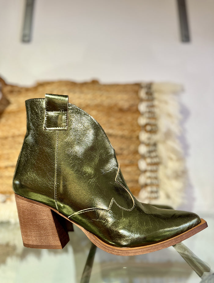 Metallic Heeled Short Cowboy Boot | 06106 | Olive Green