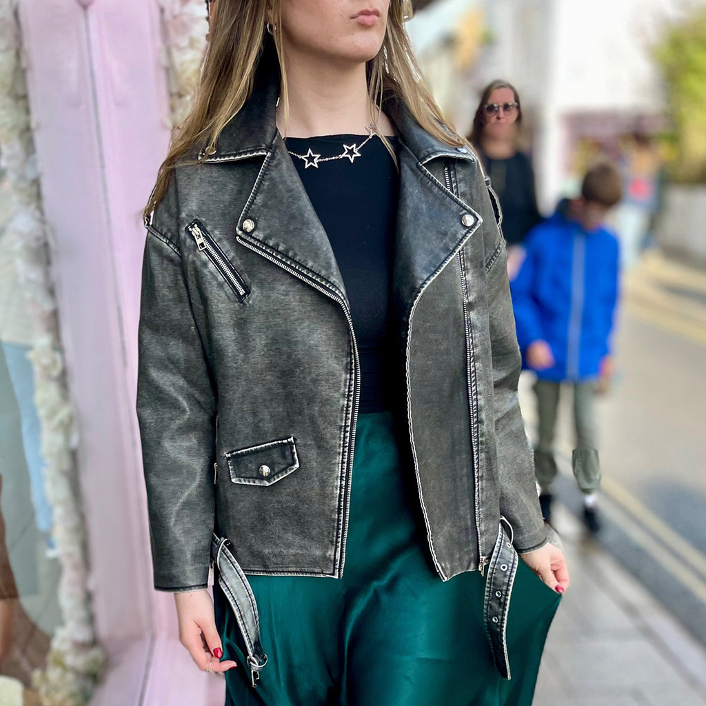 Oversized Distressed Biker Jacket | Black Faux Leather