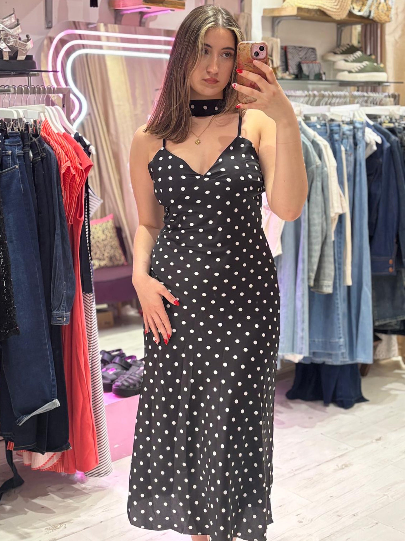 Polka Dot Silky Midi Dress | Black and White