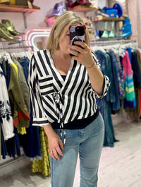 Black and White Stripe Wrap Blouse
