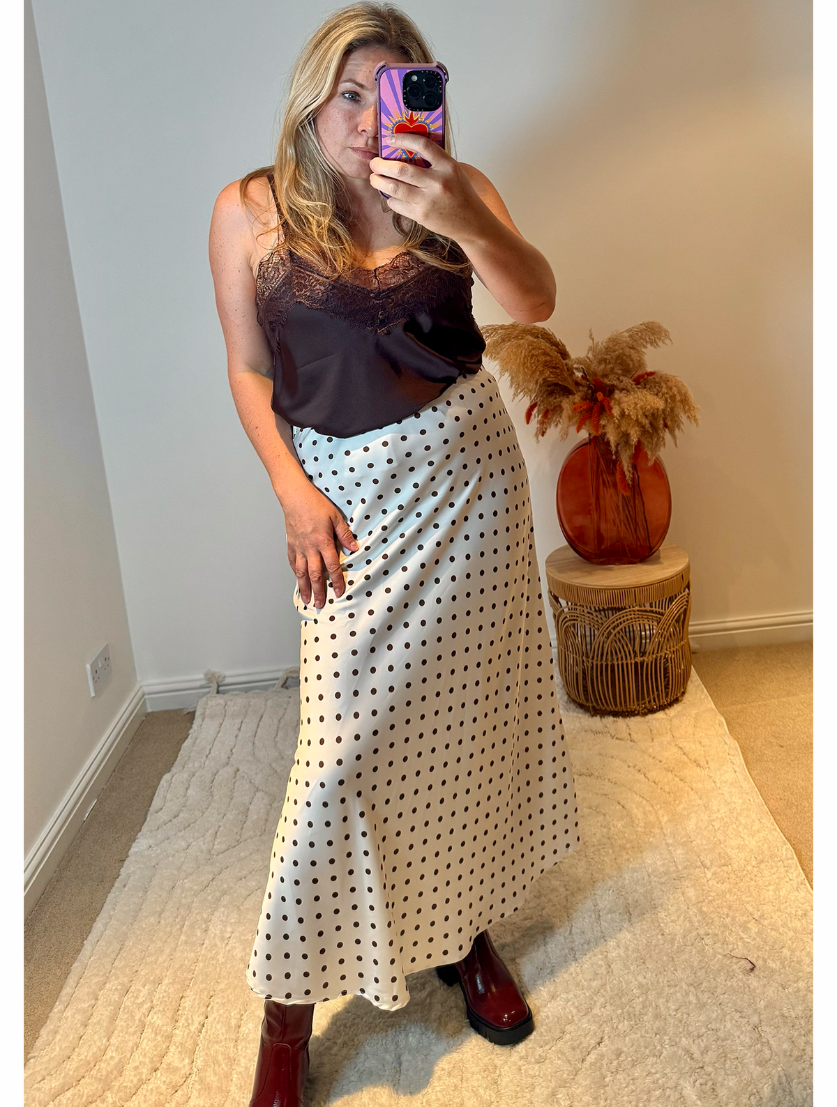 Spot Satin Midi Skirt | Ivory/Black