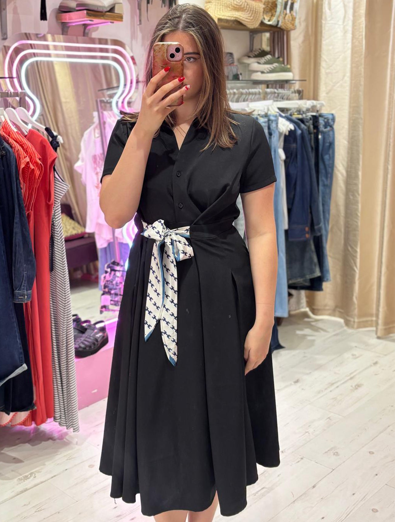 Retro Inspired Shirt Dress with Tie | Black