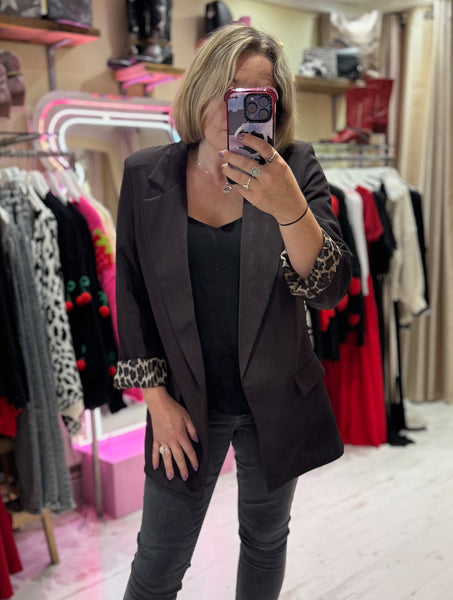 Longline Blazer with  Leopard Cuff Detail | Chocolate Brown