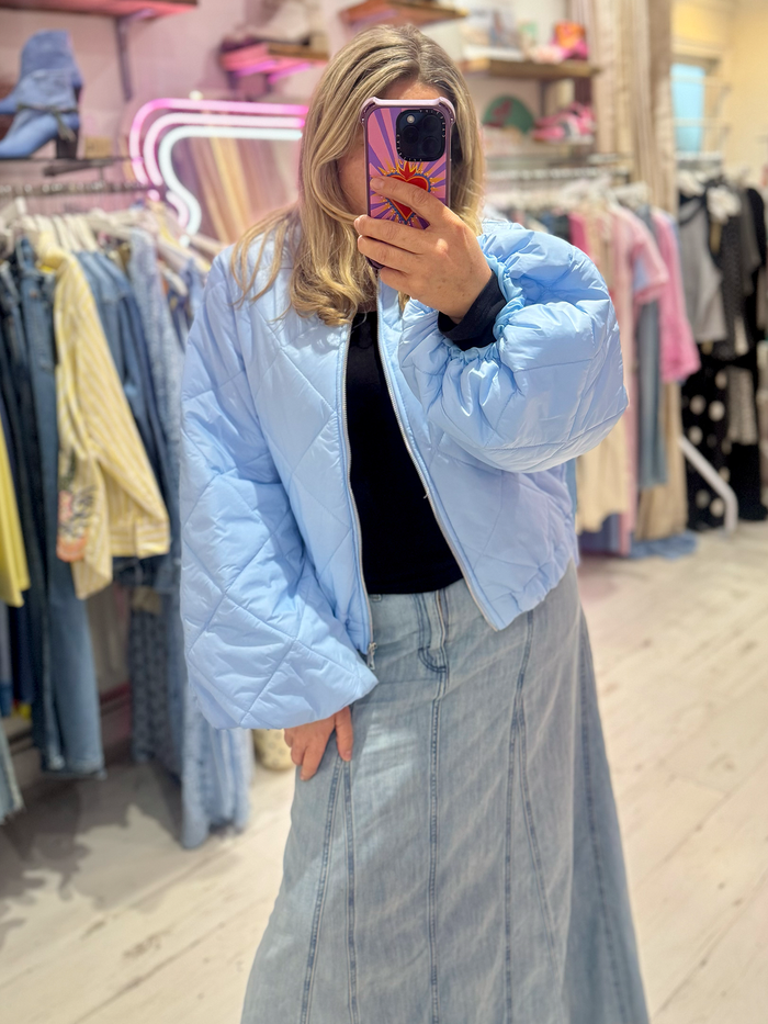 Lightweight Quilted Bomber Jacket with Balloon Sleeves | Baby Blue