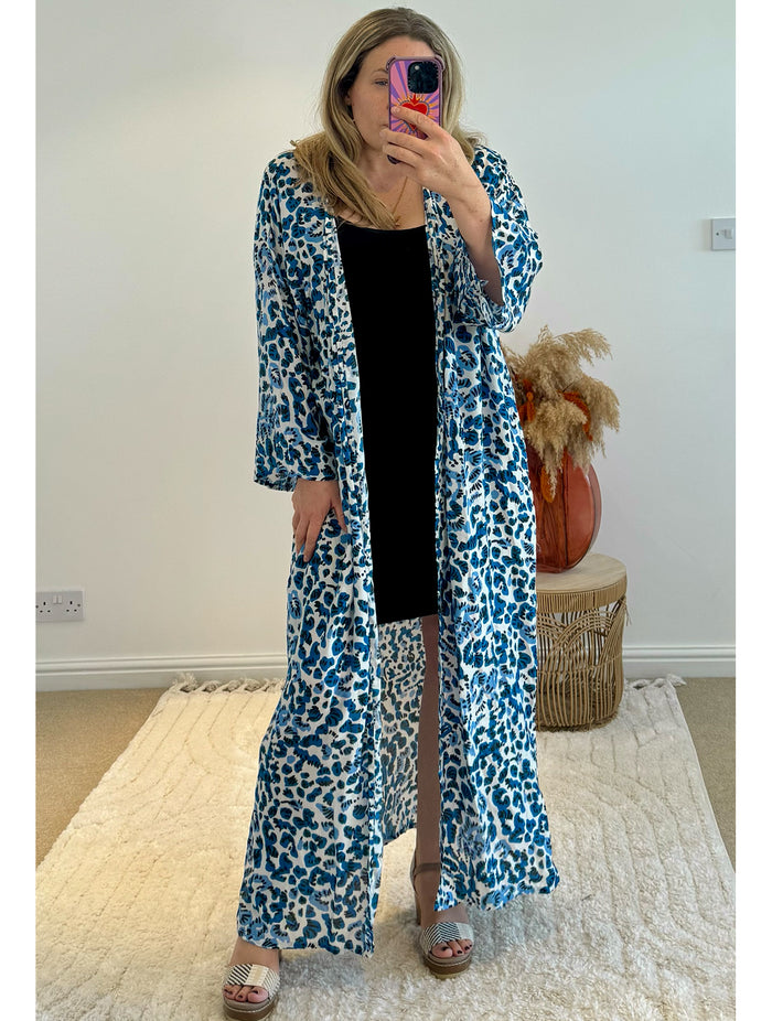 Kira Maxi Kimono | Electric Blue Leopard Print
