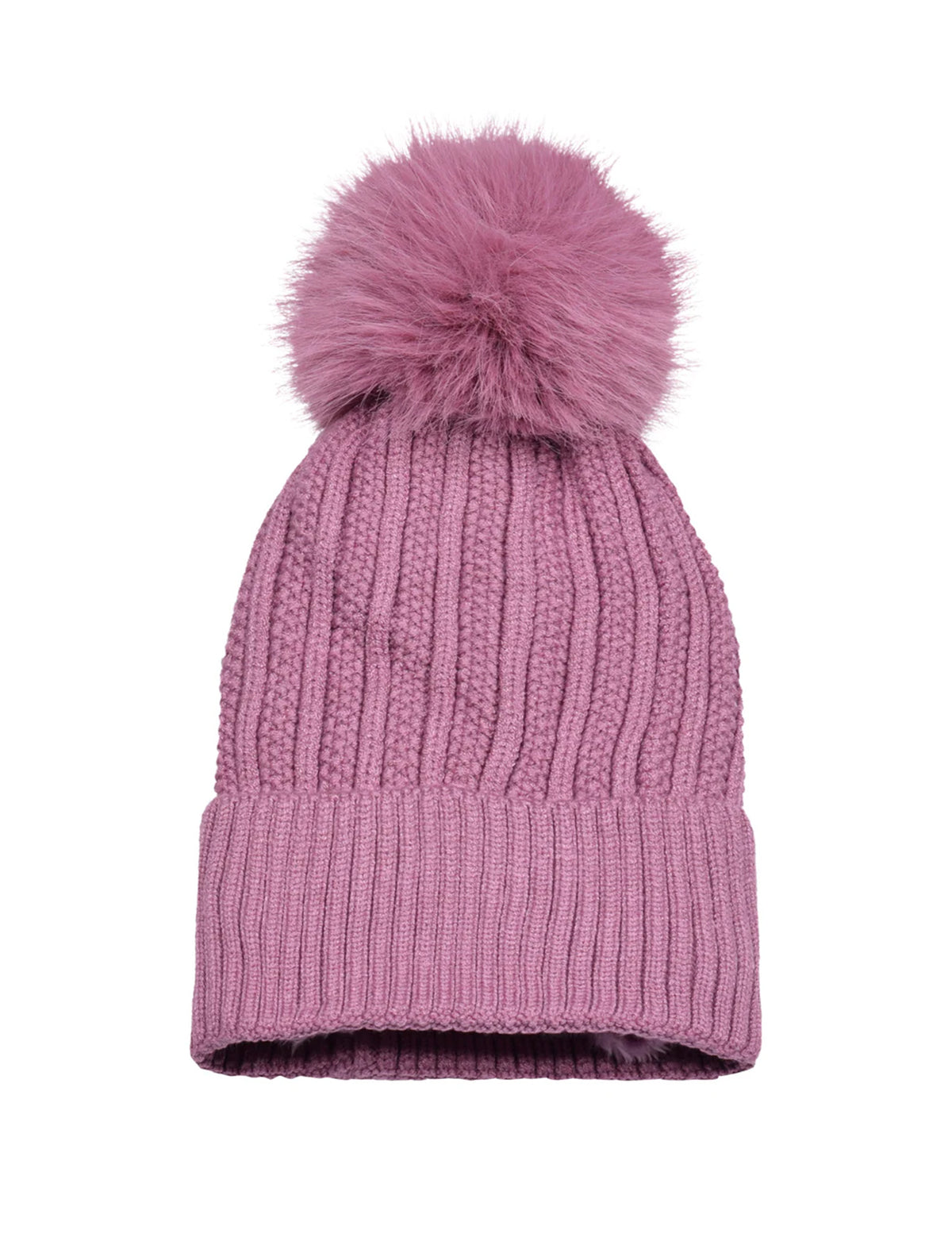 Knitted Fleece-Lined Faux Fur Bobble Hat | Dusky Lilac
