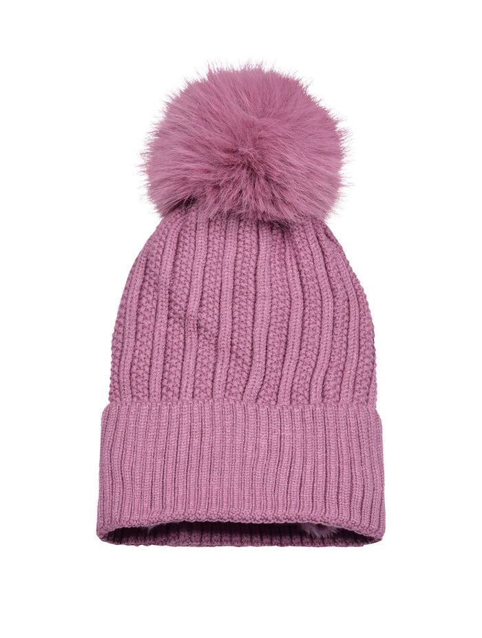 Knitted Fleece-Lined Faux Fur Bobble Hat | Dusky Lilac