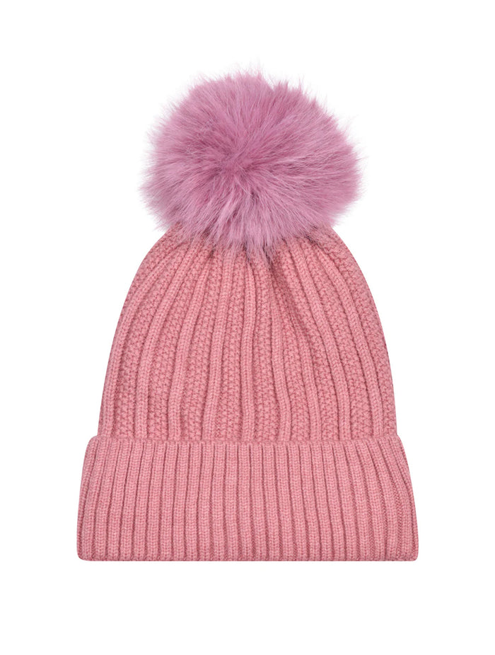 Knitted Fleece-Lined Faux Fur Bobble Hat | Dusky Pink