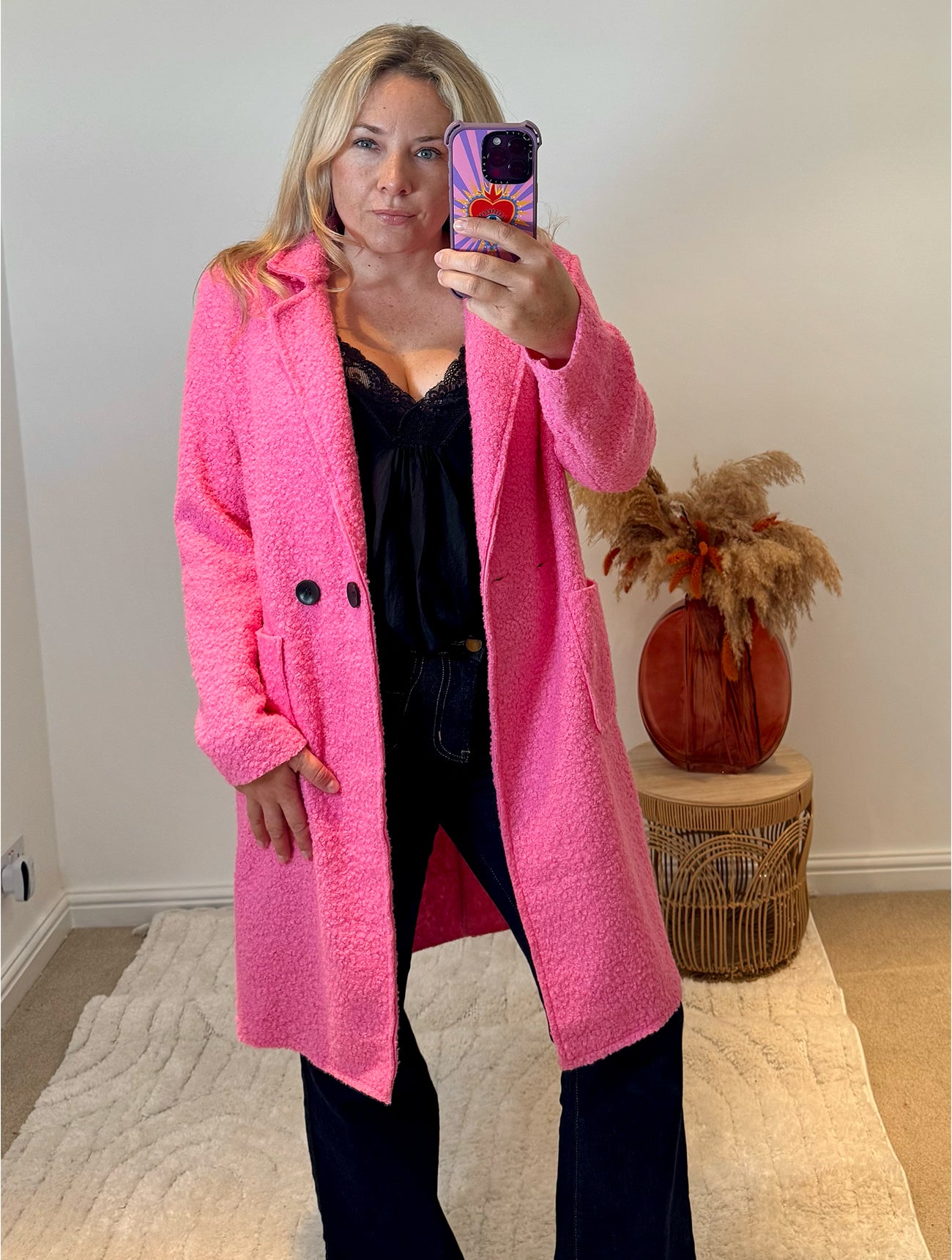 Lightweight Boucle Coat | Bright Pink