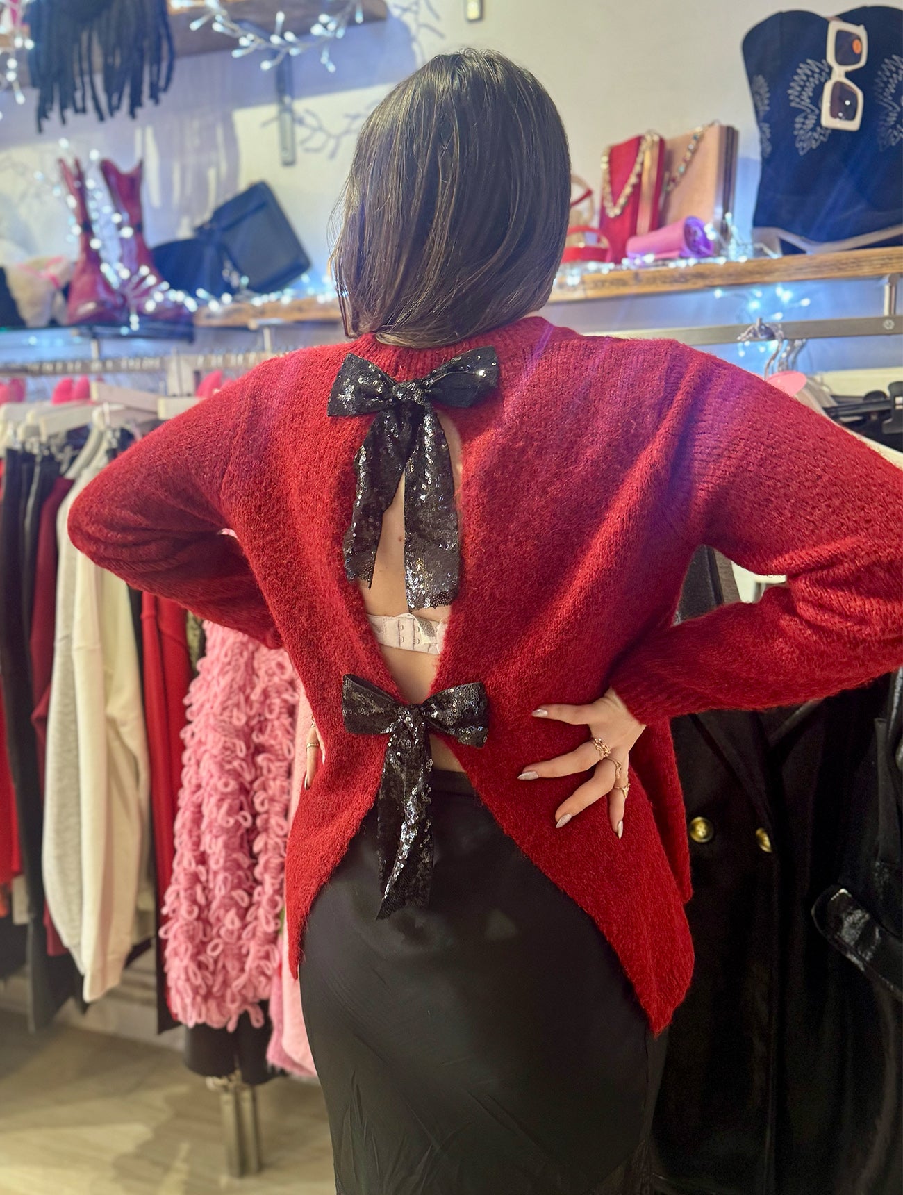 Sequin Bow Back Jumper | Deep Red