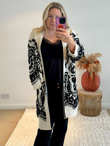 Beautiful Heavyweight Knit Brocade Detail Cardigan | Ivory/Black