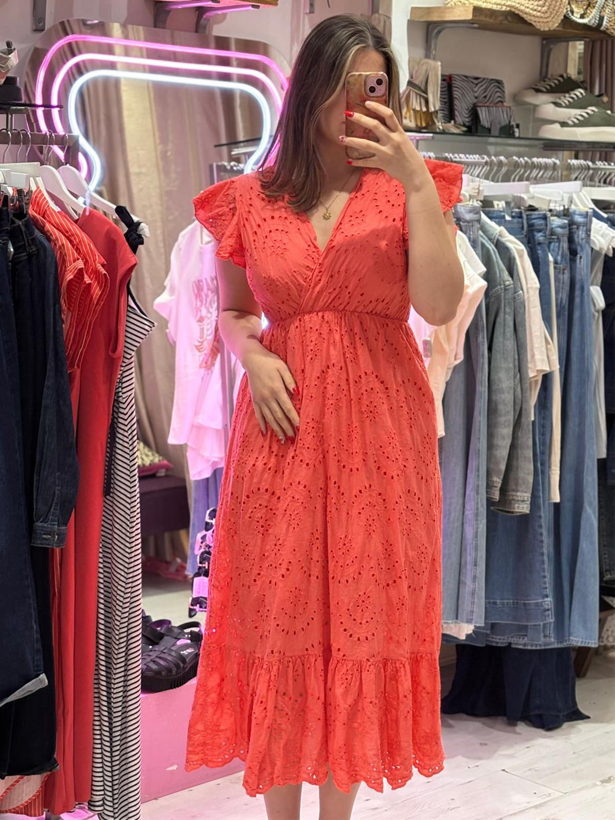 Broderie Anglaise Cotton Midaxi Dress | Coral