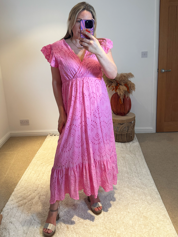 Broderie Anglaise Cotton Midaxi Dress | Pink