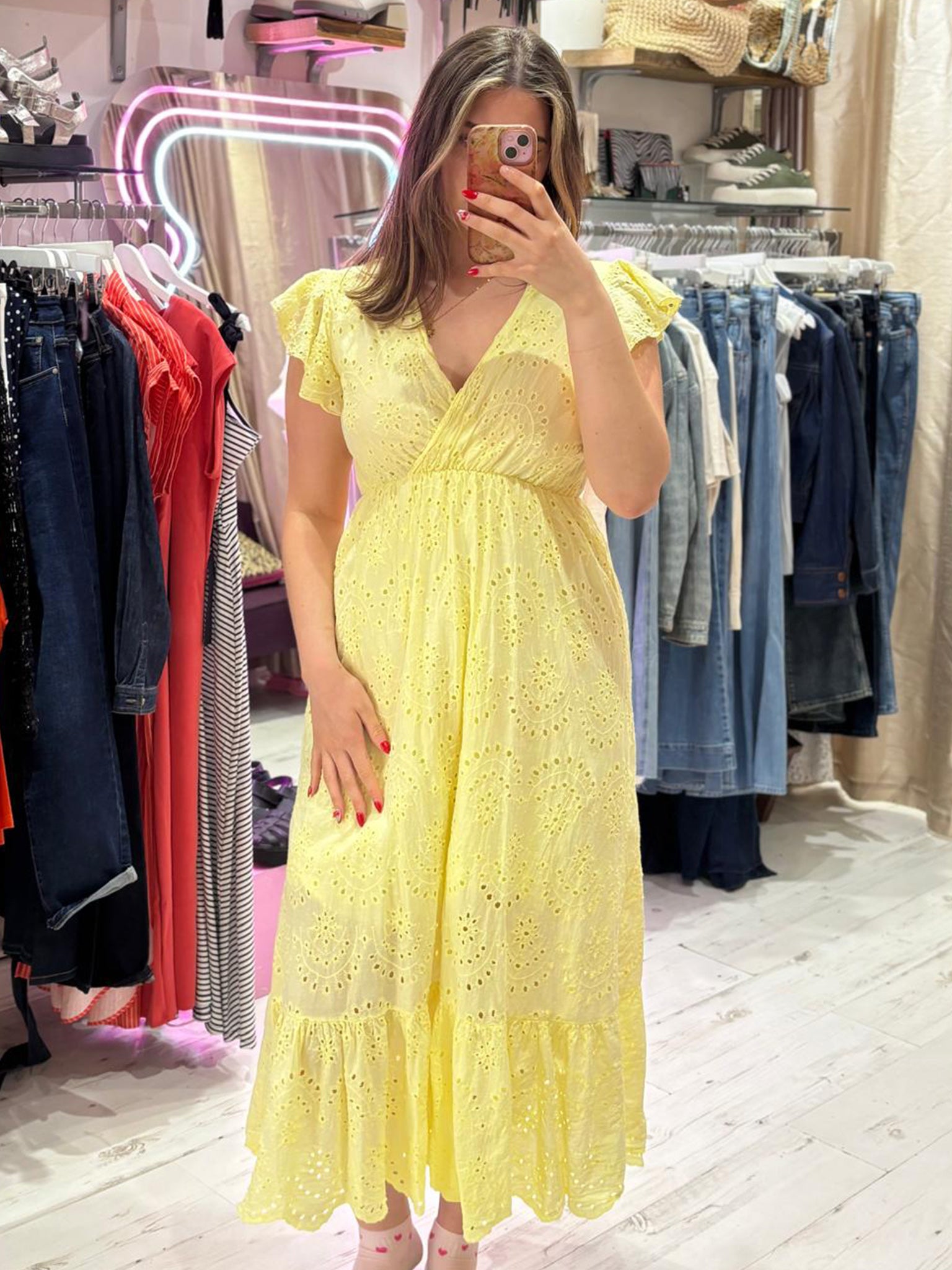 Broderie Anglaise Cotton Midaxi Dress | Yellow