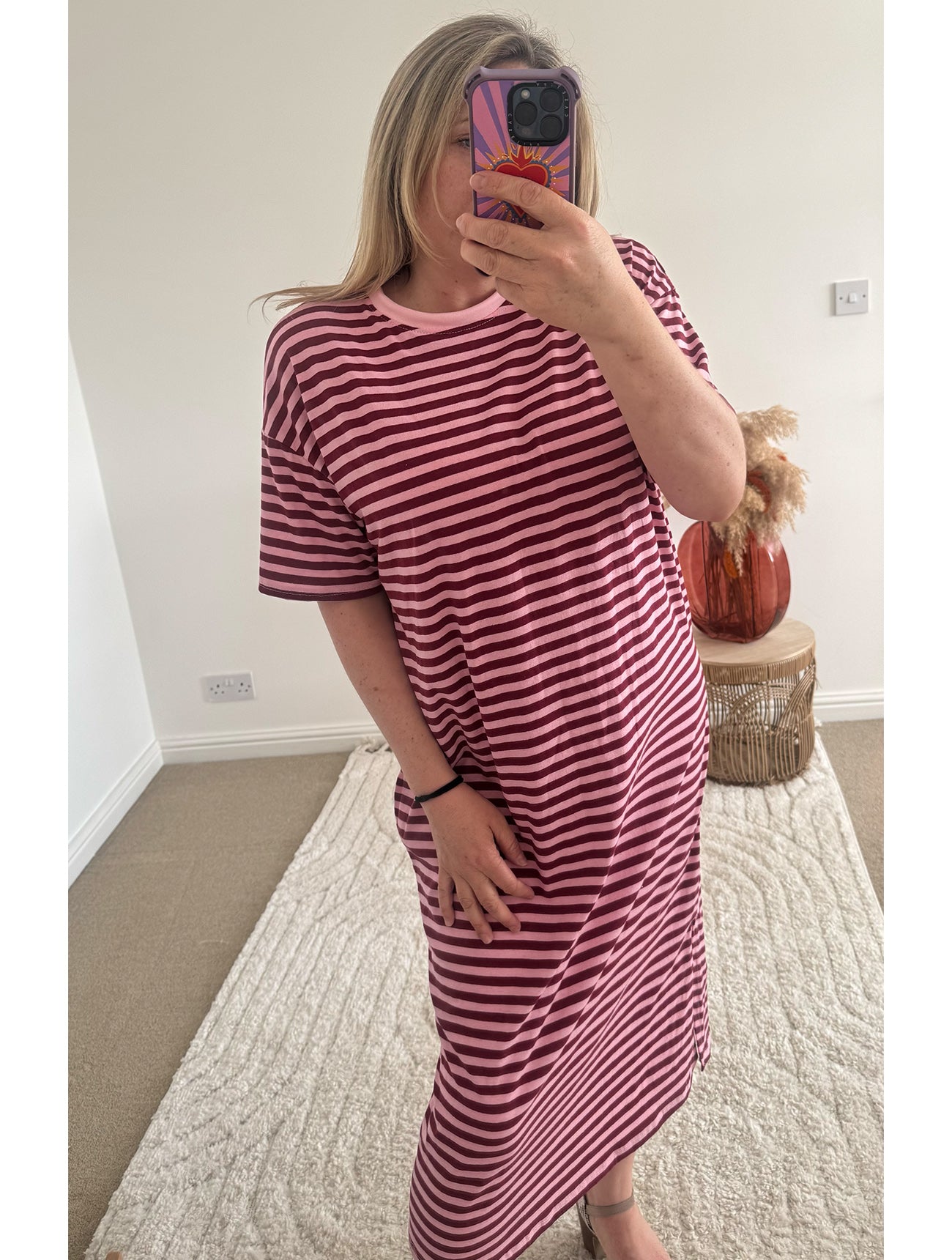 Seaside Stripe Midi T-Shirt Dress | Burgundy/Pink
