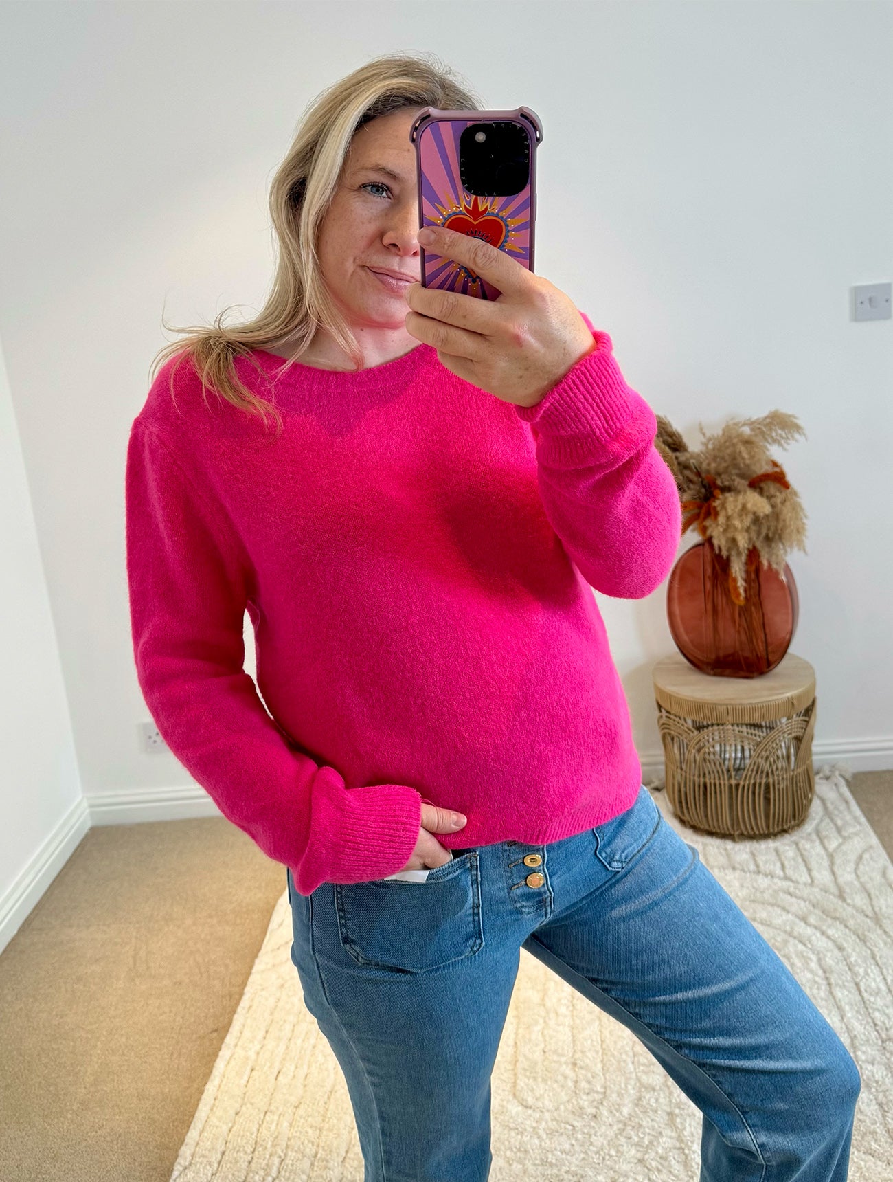 Soft Alpaca Wool Mix Button Back Jumper | Bright Pink