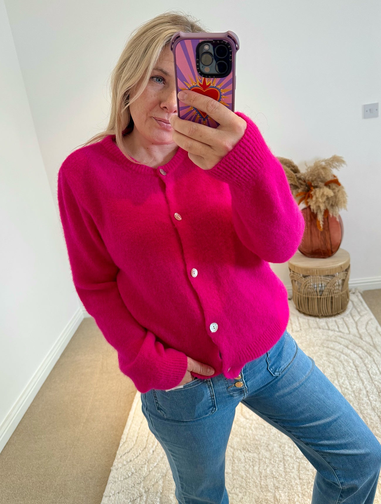 Soft Alpaca Wool Mix Round Neck Cardigan | Bright Pink